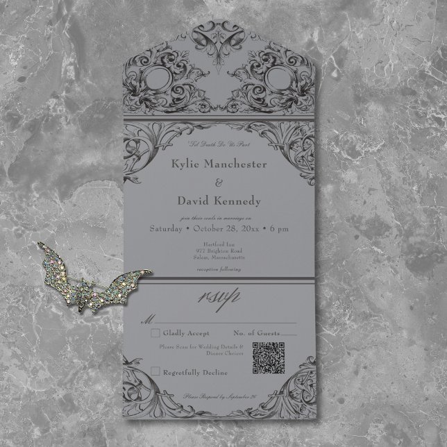 Victorian Until Death Black & Grey Wedding QR Code All In One Invitation (Creator Uploaded)