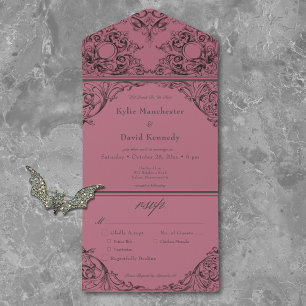 Victorian Until Death Black & Wine Wedding Dinner All In One Invitation