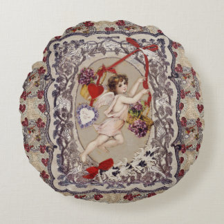 Victorian Valentine Angel Red Heart   Round Pillow