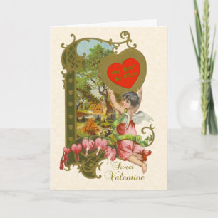 Victorian Valentine w/Cupid, Bleeding Hearts+Scene Holiday Card