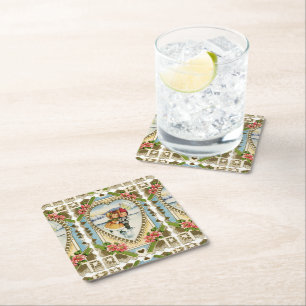 Victorian Valentine with Girl and Boy Skating Square Paper Coaster