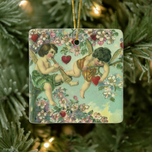 Victorian Valentines Day Cupids Vintage Heart Tree Ceramic Ornament