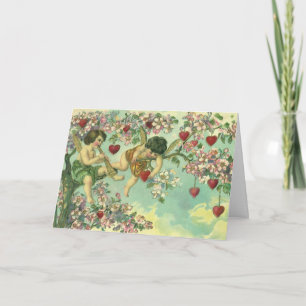 Victorian Valentines Day Cupids Vintage Heart Tree Holiday Card