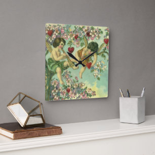 Victorian Valentines Day Cupids Vintage Heart Tree Square Wall Clock
