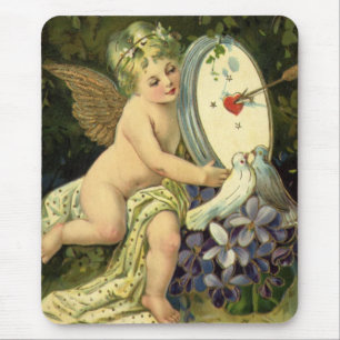 Victorian Valentines Day, Vintage Angel Love birds Mouse Pad