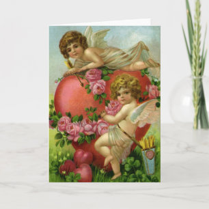 Victorian Valentines Day Vintage Angels Heart Rose Holiday Card