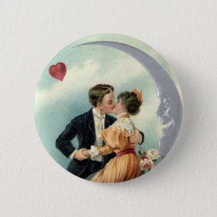 Victorian Valentine's Day Vintage Kiss on the Moon 2 Inch Round Button