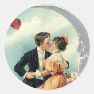 Victorian Valentine's Day Vintage Kiss on the Moon Classic Round Sticker