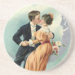 Victorian Valentine's Day Vintage Kiss on the Moon Coaster
