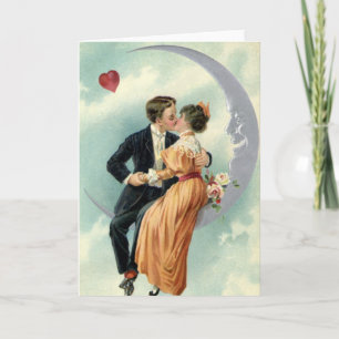 Victorian Valentine's Day Vintage Kiss on the Moon Holiday Card