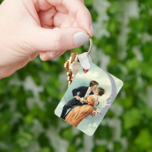 Victorian Valentine's Day Vintage Kiss on the Moon Keychain