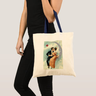 Victorian Valentine's Day Vintage Kiss on the Moon Tote Bag