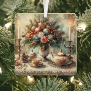 Victorian Vintage Christmas Teapot and Floral  Metal Ornament