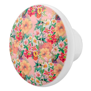 Victorian Vintage Floral Hummingbirds Flowers Ceramic Knob