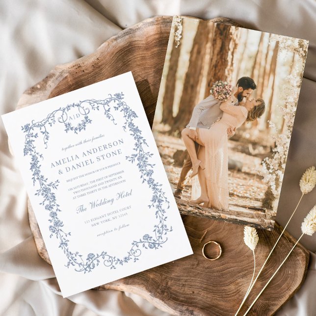 Victorian Vintage French Photo Blue Wedding Invitation (Creator Uploaded)
