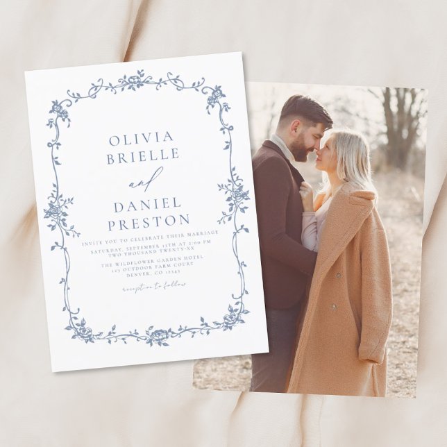 Victorian Vintage French Photo Blue Wedding Invitation (Creator Uploaded)
