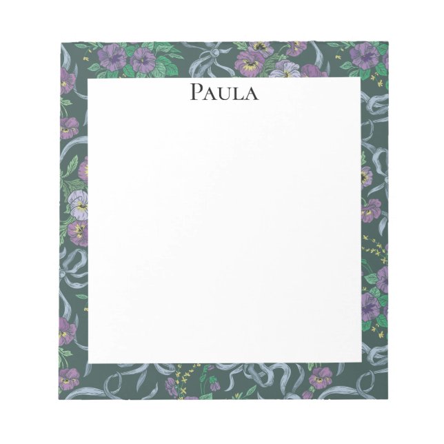 Victorian Vintage Purple Pansy Blue Ribbons Notepad (Front)
