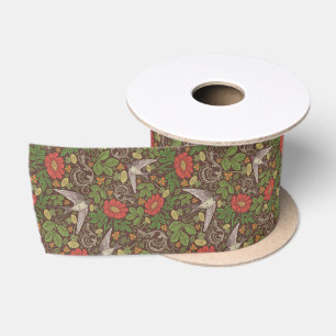 Victorian Vintage Red Daisy Bird English Garden Satin Ribbon
