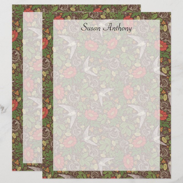 Victorian Vintage Red Daisy Bird Garden Paper (Front/Back)