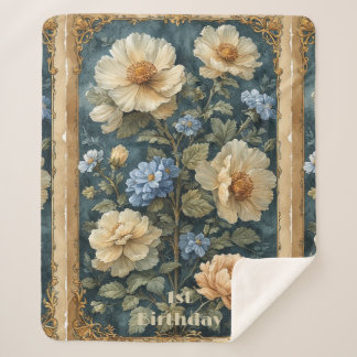 Victorian Vintage Soft Ivory Peony English Garden  Sherpa Blanket