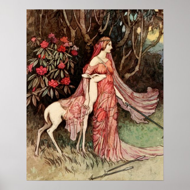 Victorian Watercolor of Woman with Deer Poster (Front)