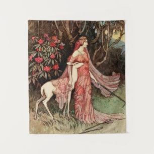 Victorian Watercolor of Woman with Deer Tapestry