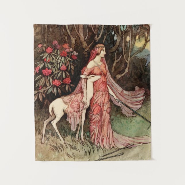 Victorian Watercolor of Woman with Deer Tapestry (Front)
