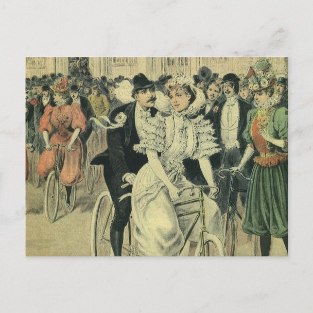 Victorian Wedding Bride and Groom Newlywed Bicycle Postcard (Front)