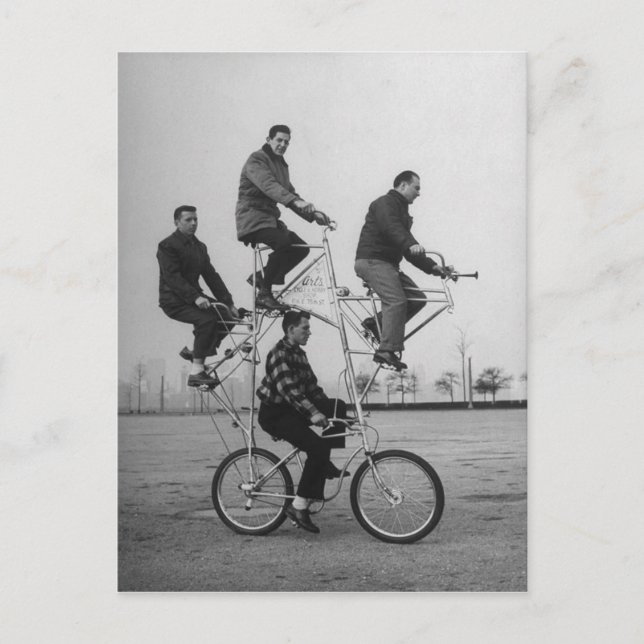 Victorian Weird Stuntmen Ride a Bicycle Postcard (Front)
