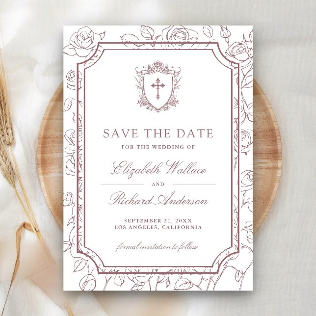 Victorian White and Dusty Rose Catholic Wedding Save The Date (Creator Uploaded)