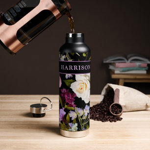 Victorian White and Purple Floral on Black / Name Water Bottle