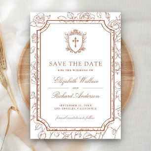 Victorian White and Terracotta Catholic Wedding Save The Date