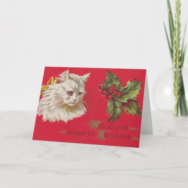Victorian White Cat and Holly Christmas Card (Front)