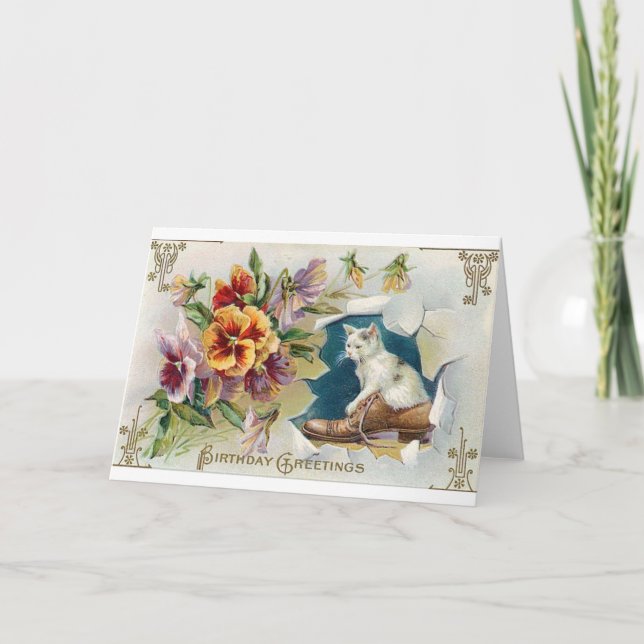 Victorian White Cat In Shoe Birthday Card (Front)