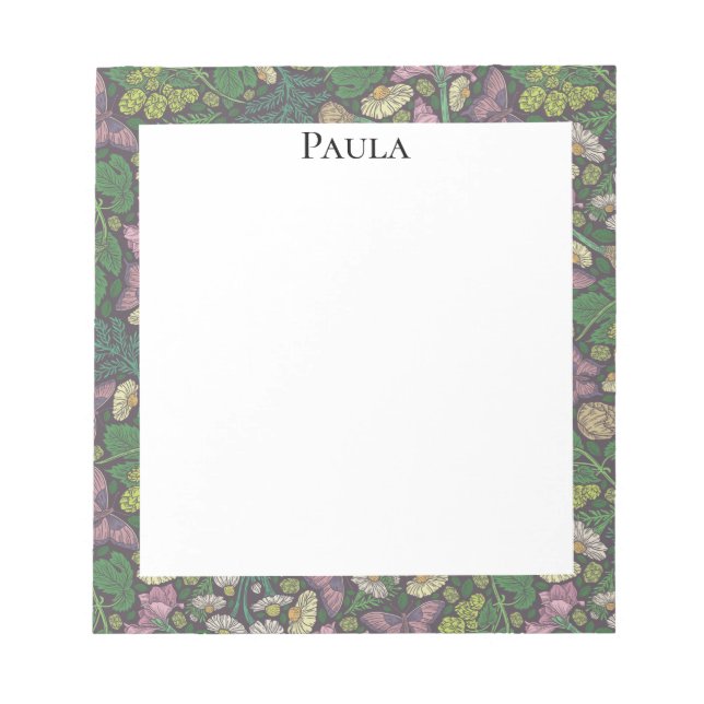 Victorian White Daisies Purple Butterflies Garden Notepad (Front)