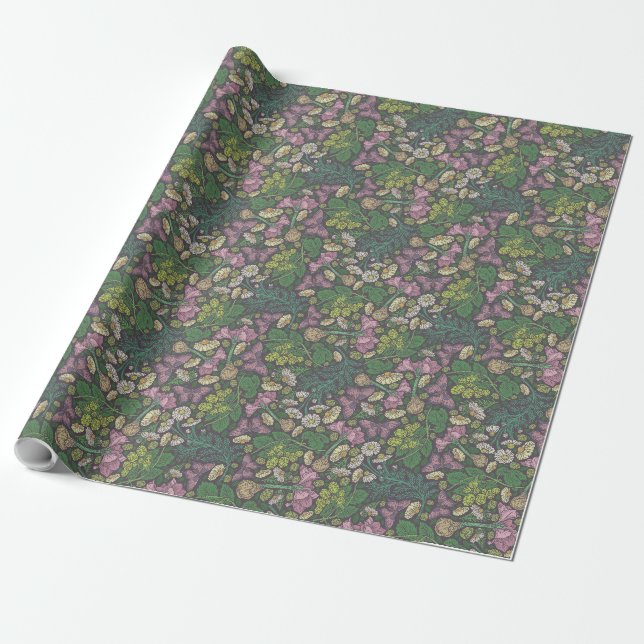 Victorian White Daisies Purple Butterflies Garden Wrapping Paper (Unrolled)