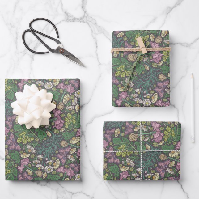 Victorian White Daisies Purple Butterflies Garden Wrapping Paper Sheet (Front)