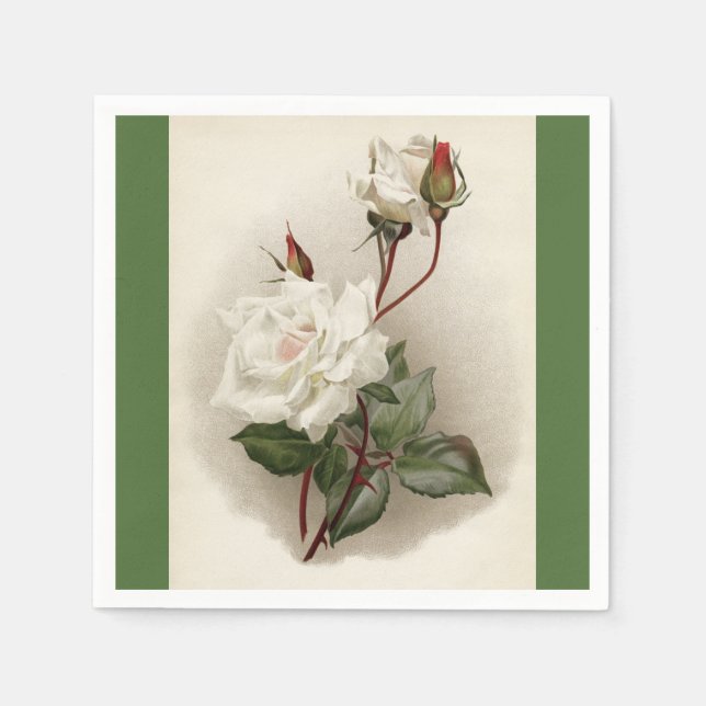 Victorian White Roses Green Paper Napkin (Front)