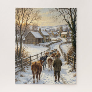 Victorian Winter Cattle Farm Christmas Jigsaw Puzzle