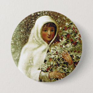 Victorian winter girl holly berry branches snow 3 inch round button