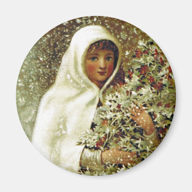 Victorian winter girl holly berry branches snow magnet (Front)