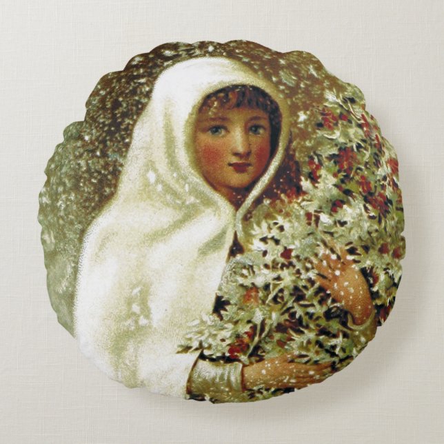Victorian winter girl holly berry snow round pillow (Front)