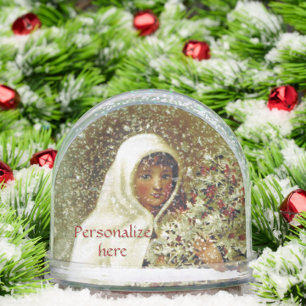 Victorian winter girl holly berry snow white green snowglobe