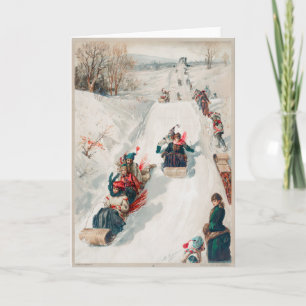 Victorian winter sledding snow sled vintage scene card