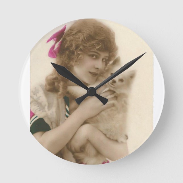 Victorian Woman and Dog Antique Photo Round Clock (Front)