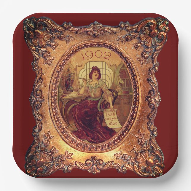 Victorian woman elegant gold picture frame red paper plate (Front)