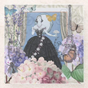 Victorian Woman Floral Fancy Gown Glass Coaster