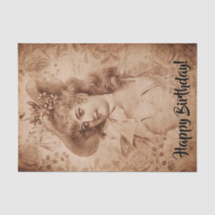Victorian Woman in Hat Flowers Sepia Monochrome Tissue Paper