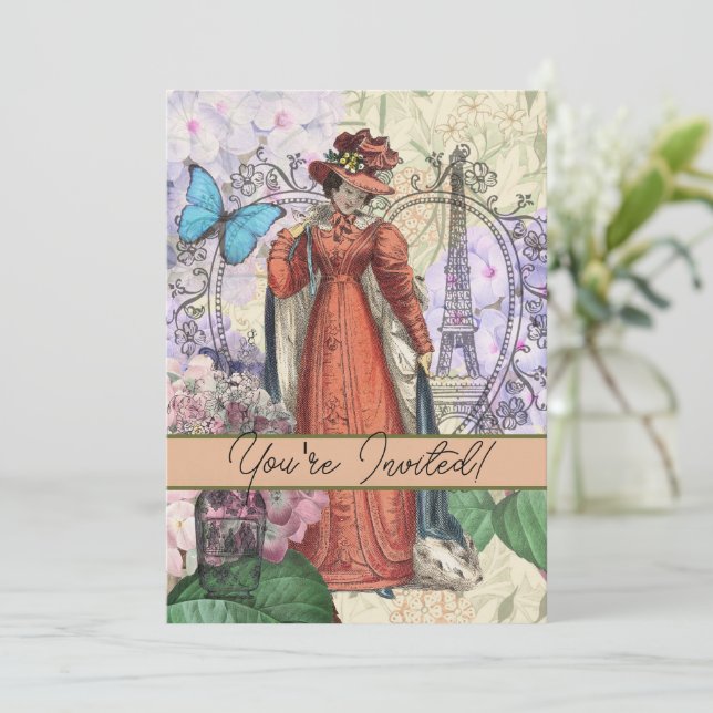 Victorian Woman in Red Colourful Fashion Invitation (Standing Front)