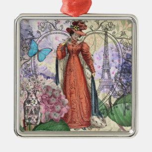 Victorian Woman in Red Colourful Fashion Metal Ornament